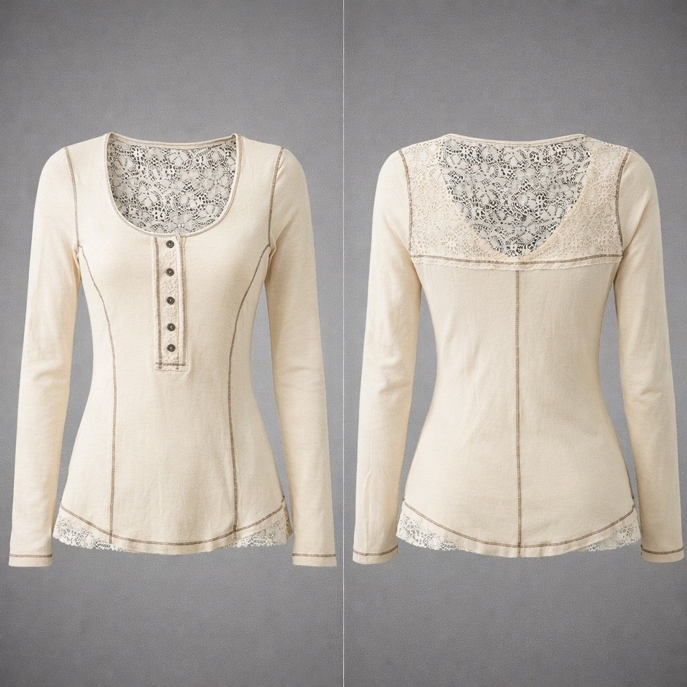 🍁NWT Living Doll Los Angeles Lace Trim Thermal Henley Top Cream Waffle Knit Smal